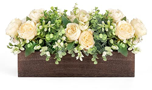 Dahey Tafelaufsatz für Esszimmer, Bauernhaus, Wohnzimmer, Tischdekoration, Holztablett mit 3 künstlichen Blumen und 2 Eukalyptus, für Küchentisch, 35,8 x 11,9 x 7,9 cm
