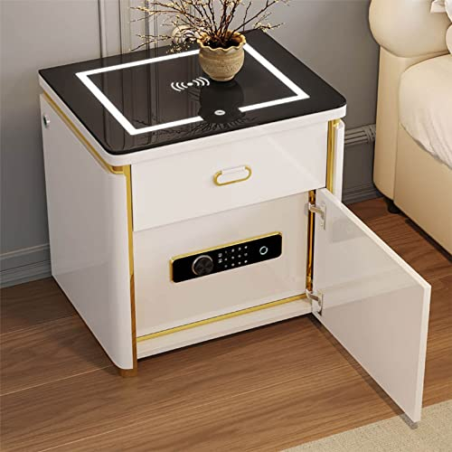 Smart bedside table, bedside table with safe, bedside table with led light, with wireless charging, with three-color light, with USB port, suitable for bedroom, living room ( Color : White , Size : 50
