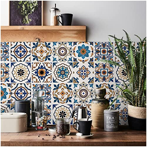 Piastrelle adesive marocchine per cucina, 24 pezzi, piastrelle autoadesive da parete impermeabili a prova di olio, stile vintage mosaico (20 x 20 cm, 20,3 x 20,3 cm) per scale (blu arancione 2)