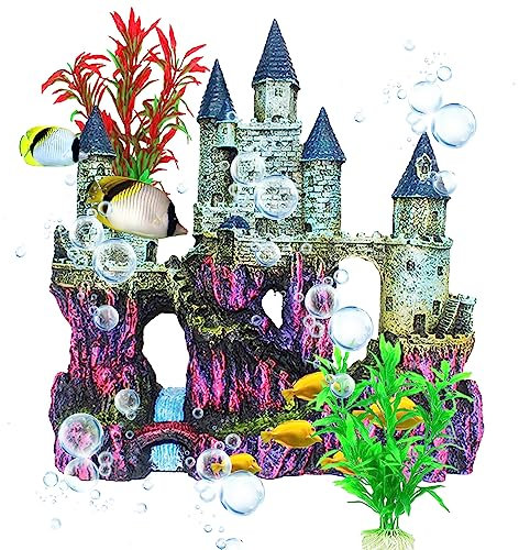MUYG Decoración de Castillo de Acuario, Castillo de Resina para pecera con Plantas de Color Aleatorio, Accesorios de decoración para acuarios de Agua Dulce y Salada