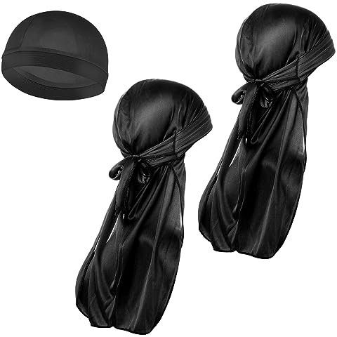 WLLHYF 3 Stück seidige Durag-Kappen, schwarz, Piratenkappe mit langem Schwanz, Kopfwickel, schweißableitend, Beanie, Totenkopfmütze, Bandana-Hut, atmungsaktiv, bequem, Headwrap Hut für Männer und