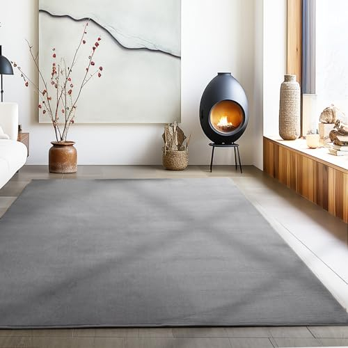 Carpetsale24 Wohnzimmer Teppich Einfarbig Moderne Design Grau 140 x 200 cm - Rutschfest Kurzflor für Schlafzimmer Extra Weich und Flauschig - Waschbar für Esszimmer Küche
