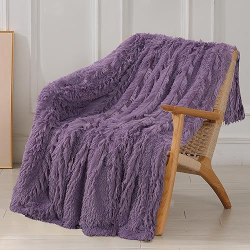 Tuddrom Extraweiche Kunstfell-Decke, Doppelbett-Größe, 203,2 x 228,6 cm, einfarbig, wendbar, flauschig, Langhaardecke, Plüsch-Fleece, Mikrofaser, Felldecke für Sofa, Bett, Lila (Patrican Purple)