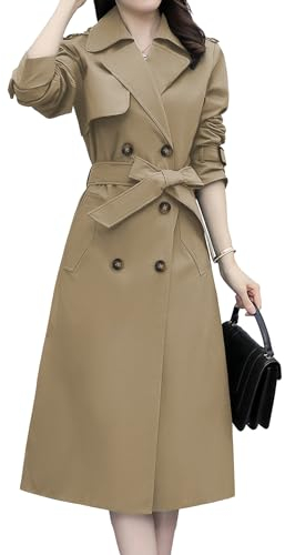 DayaEmmoTQ Damen Zweireiher lange Windjacke - Reine Farbe Revers winddicht Oberbekleidun Gürtel Slim Mäntel