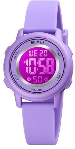 findtime Montre numérique pour femme - Montre numérique étanche avec bracelet en caoutchouc souple et écran LED, lilas, bracelet