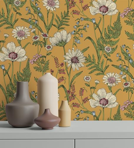 GAULAN 500682380 - Vlies-Vinyltapete, Strapazierfähig, Abwaschbar. Tapete mit Wilden Blumen, Gänseblümchen und Mohn auf senffarbenem Hintergrund für Wohnzimmer - Muster DIN A4