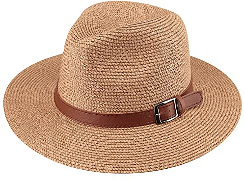 DRESHOW Femme Homme Chapeau de Paille Panama Chapeau Été Large Bord Chapeau de Soleil Anti-UV pour Plage Voyage Chapeau de Soleil