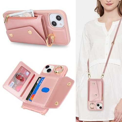 Lipvina Coque pour iPhone 13/14 avec Cordon Porte Carte Coque iPhone 13/14 zippé Portefeuille Femme Telephone Portable Réglable Collier Housse Étui avec Anneau pour Femmes - Rose