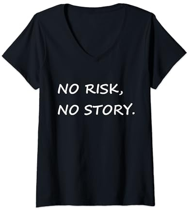 Damen NO RISK NO STORY - weiße Schrift Buchstaben in weiß T-Shirt mit V-Ausschnitt