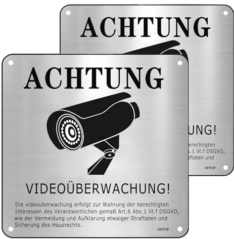 OFFOF 2 Stück Videoüberwachung Schild mit DSGVO Hinweis 15x15cm,Privatgrundstück Aluminium Achtung Selbstklebend Kameraüberwachung Wasserfest, UV-beständig für Zuhause oder Unternehmen
