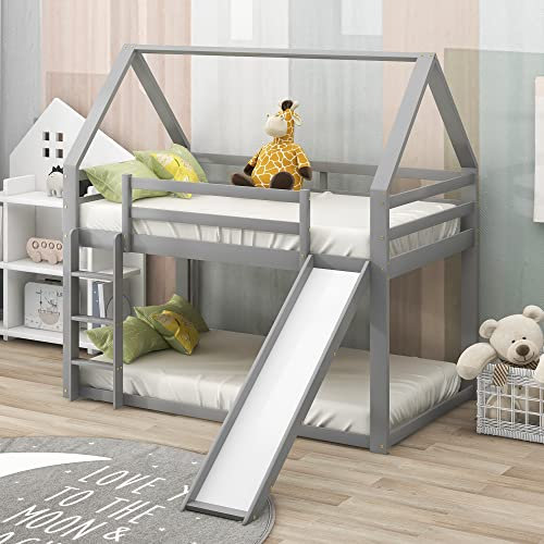 Einzelbett Kinderbett Hausbett Etagenbett mit Rutsche und Leiter (Grau)