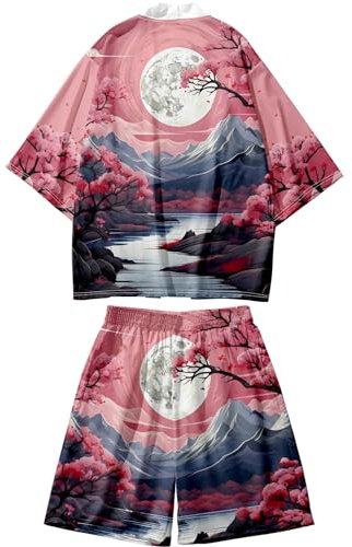 Doslavida - Set cardigan kimono giapponese da uomo, stile cinese, stampato, giacca e pantaloni, aperto sul davanti, a sette maniche, XL