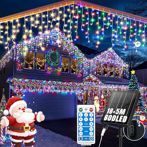RJEDL Outdoor Solar Christmas Icicle Lights 18+5m/75.5ft 600 Led Solar Icicle String Lights with USB Port & Remote Control Hanging Lights Waterproof for Outside Backyard Balcony Decor