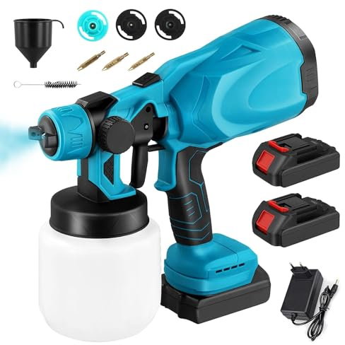 Système de Pulvérisation de Peinture, Pistolet a Peinture sans Fil, 2 x 3000 mAh et Chargeur, Compatible avec Batterie 18 V, 3 Buses, 1000ml Récipient de Peinture, 3 Modes, pour Murs