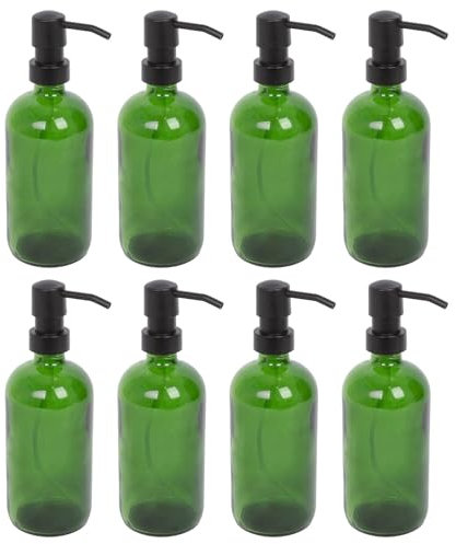 Harbour Housewares Green Glass Soap Dispensers Pack of 8-500ml Refillable Bottles with Black Pumps - Bathroom and Kitchen Accessories for Hand Wash, Lotion or Washing Up Liquid
