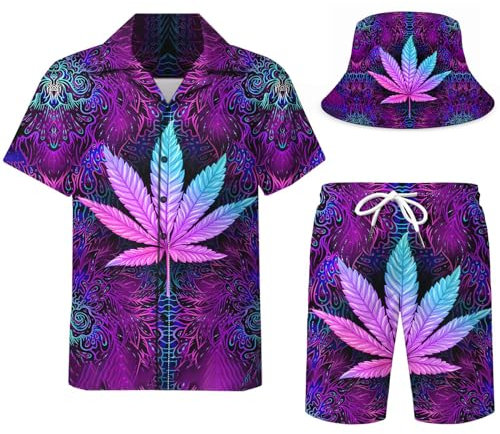 DOOPCCOR Herren-Trainingsanzug, 3-teilig, kubanischer Kragen, lustiges Hawaii-Hemd, Shorts, Button-Down-Sets mit Eimerhüten, Farbe: 21, Medium