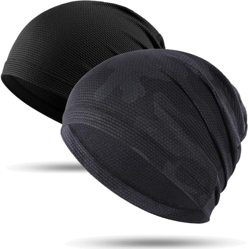 WTACTFUL 2pcs - Kühlende Sommer Beanie Herren Dünn, Fahrrad Cap Skull Cycling Cap Mütze Herre Atmungsaktiv Laufmütze für Sportmütze Fahrrad Laufen Radfahren Outdoor Schwarz + Tarnschwarz