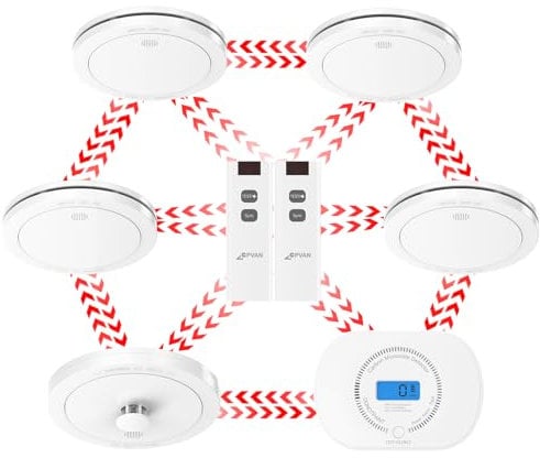 CPVAN Wireless Interlinked Smoke, Heat & Carbon Monoxide Alarm Bundle, Scotland & England Law Compliant | 10-year Battery Life, Pre-Linked Fire Detectors for Home,6 Pack + 2 Remote(2nd Generation)