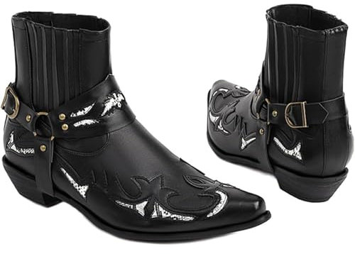 Stivaletti Western da Uomo Stivali con Cinturino con Fibbia Stivali Corti da Cowboy con Punta Quadrata in Pelle retrò Stivali da Motociclista da Cowboy,Nero,40