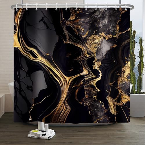 Xiaoterna Marmor Duschvorhang Abstrakt Schwarz Goldener Marmor Badezimmer Vorhang Goldener Puder Glitzernder Moderner Luxuriöser Duschvorhang Maschinenwaschbar Wasserdichter Stoff 180x200cm