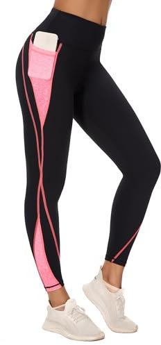Flatik Leggings sportivi da donna con tasche, da donna, opachi, da jogging, da corsa, da donna, nero/rosa, XS