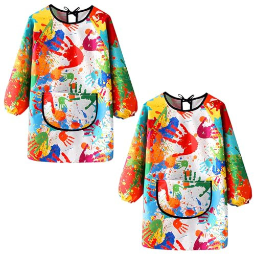 KASURE Kids Art Aprons for Painting, 2Pcs Waterproof Childrens Apron With Large Pockets, Long Sleeve Style Kids Painting Apron for Height 120-140 CM, Suitable for Cooking, Painting, Craft, School