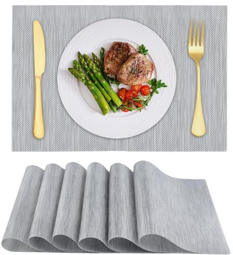 Beojonvy Platzset Abwischbar, Tischset Abwaschbar, 6 Stück PVC Abgrifffeste Hitzebeständig rutschfest Platzdeckchen für Küche, Zuhause, Restaurant, Speisetisch(Hellgrau, 45x30cm)