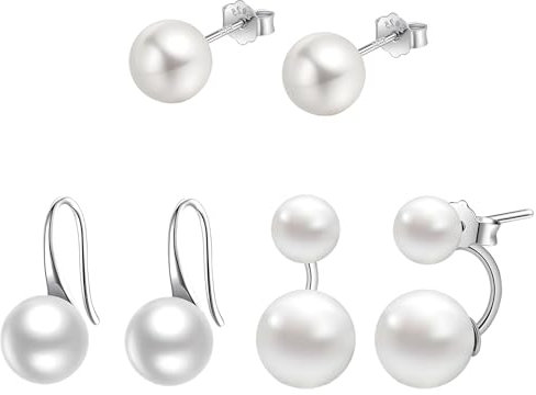 Hinvan 3 Paires Boucles d'oreilles Perles pour Femme Fille Argent 925, Boucles d'oreilles Femme Perle