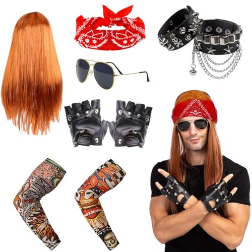 70er 80er 90er Jahre Outfit, Disco Kostüm, Hippie Kostüm, Rocker Outfit Set mit Perücke Kopftuch Armband Sonnenbrille Handschuhe Geblümte Arme, für Karneval & Mottoparty