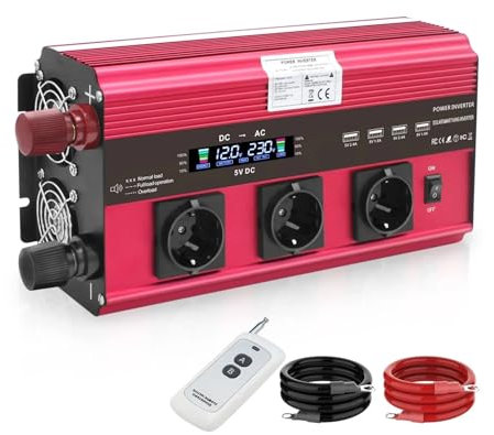 Transformador 5000W Inversor De Corriente CC 12 V/24 V A CA 110 V/220 V con Pantalla LCD Control Remoto Convertidor De Voltaje Transformador Adaptador De Cargador Inversor Corriente(12V 220V 50Hz EU)