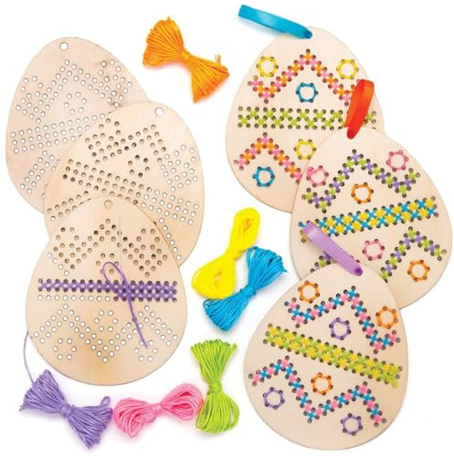 XURJUMI Uovo di Pasqua in Legno per Decorazioni a Punto Croce - Confezione da 5, Kit Punto Croce per Bambini, lavoretti di Pasqua, lavoretti per Bambini