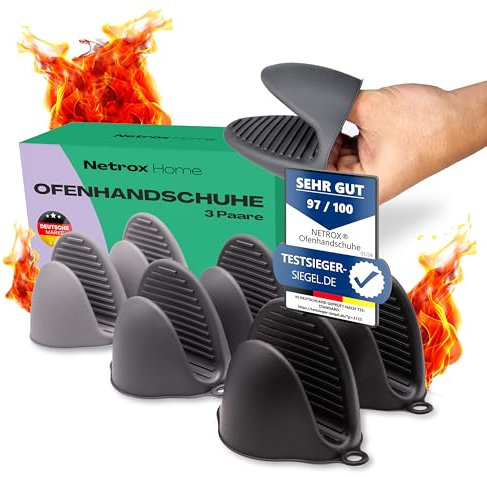 Netrox- 3 Paia di Mini Guanti da Forno - Presine da Cucina in Silicone - Resistenti al Calore Fino a 240°C - Lavabili in Lavastoviglie - Privo di BPA - Guanto Barbecue Accessori - Presina piccoli