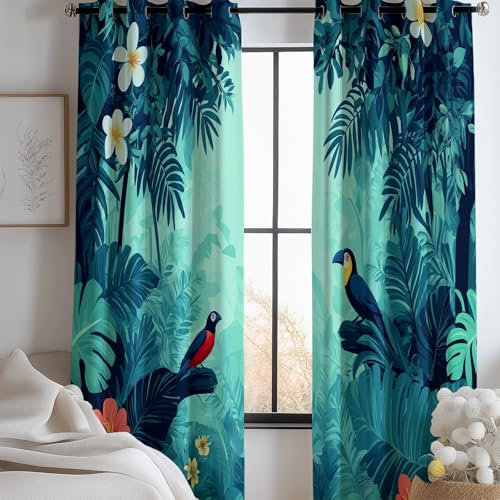 CozyRest Wohnzimmer Vorhänge Exotischer Dschungel Blaue und grüne Vögel Ösen Gardinen mit Blickdichte Thermo Vorhang Kälteschutz Blackout Curtain Kinderzimmer Schlafzimmer Ösenvorhang H160 x B70 cm