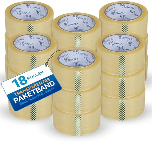 sowala Paketband transparent 18 Rollen - leises Packband mit starker Klebkraft & 50 µm Folienstärke - reißfestes Paketklebeband für Karton & Versand