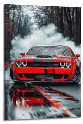 Sportwagen-Poster, Dodge Challenger Hellcat auf nasser Straße, mit dynamischem Reifenreflexionsposter, dekorative Malerei, Leinwand, Wandposter und Kunstdruck, moderne