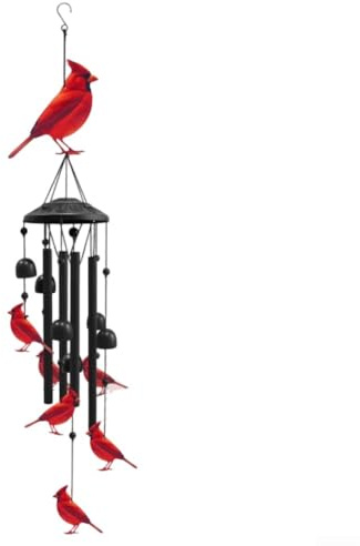 HpLive 90 cm Metall Windspiel mit Kardinal-Motiv für Garten, Terrasse oder Balkon, rote Vogel-Hängedekoration für beruhigende Klänge im Außenbereich