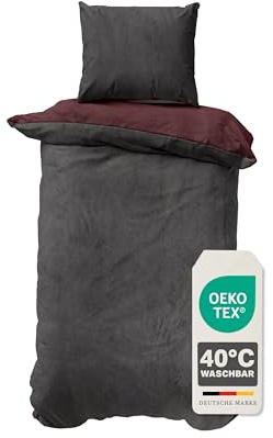 Devior Cashmere Touch Bettwäsche Winter 2-teilig, Anthrazit/Bordeaux – 155x220 & 80x80 cm – Flauschig warme Bettwäsche für den Winter – Bettbezug flauschig mit Reißverschluss – Wendeoptik – Oeko-TEX®