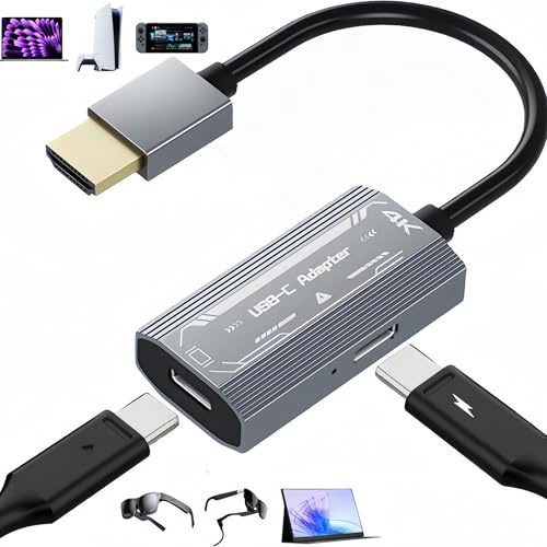 Muchfox 4K HDMI to USB C Adapter for AR Glasses, HDMI to Type C Adapter with 4K@60Hz+PD100W Charging Port for Nreal Air, Rokid Air, RayNeo AR, PS5 4, Switch Base, Steam Deck, Laptop, Portable Monitor