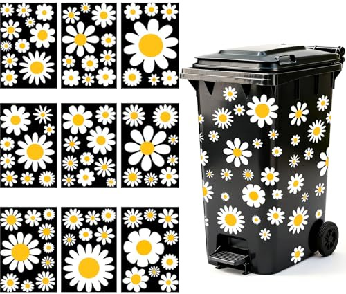 Wheelie Bin Stickers Flowers, 82PCS Flower Bin Sticker for Wheelie Bin Daisy Dustbin Sticker Self Adhesive Wheelie Bin Labels Waterproof Daisy Stickers for Bins,Fridge,House,Wall Decoration (9 Sheets)