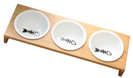 ifundom Ceramic Cat Food and Water Bowl Set with Bamboo Raised Stand, Wear-resistant Kitten and Dog Bowls for Household Pet Feeding, Triple Dish Holder for Cats and Dogs