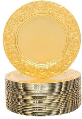 Treeisland Lot de 100 assiettes de présentation dorées en plastique de 33 cm - Assiettes à dessert pour mariages, anniversaires, fêtes