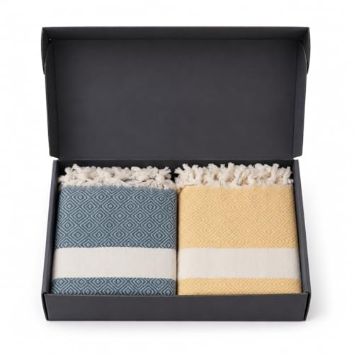 B-Bytes Saunahandtuch XXL 180x100 cm aus 100% Baumwolle, 2er Set Hamamtuch - Leicht, Saugstark & Schnelltrocknend, Saunatuch & Strandtuch (Gelb & Petrol)