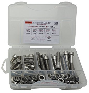 Sortiment DIN 912 M8 Edelstahl A4 118 Teile ; Zylinderkopfschrauben/Innensechskantschrauben, inc. Muttern DIN 934, Unterlegscheiben DIN 125, Material VA V4A