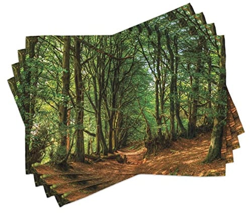 ABAKUHAUS Wald Platzmatten, Wald Pathway Szene, Waschbare Stoff Esszimmer Küche Tischdekorations Digitaldruck, Grün Braun