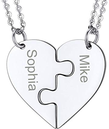 PROSTEEL 2-Teilig Herz Partnerketten Edelstahl personalisiert Puzzle Anhänger mit 51cm Rolokette Gravur Namensketten Liebepaar Ehepaar für Weihnachten Valentinstag Halskette für Damen Herren