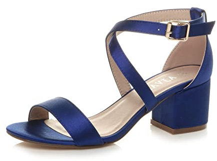 Ajvani Womens Ladies mid Low Block Heel Cross Straps Party Strappy Sandals, Navy Satin, 4 UK
