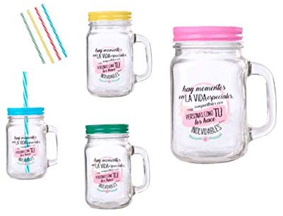 Lote de 24 Jarras de Cristal con Caña FrasesMOMENTOS ESPECIALES AZUL Y ROSA - Jarras Frases para Detalles Bodas y Comuniones