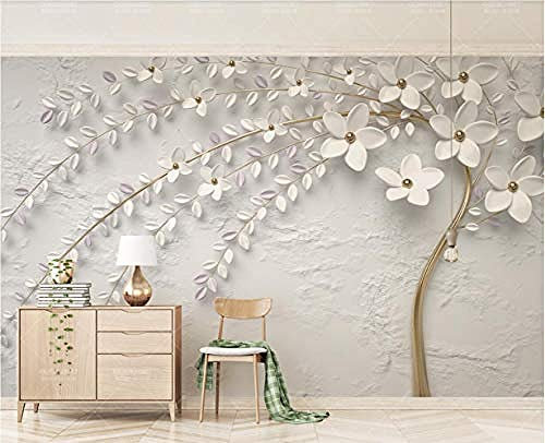 Fresque de fleurs et de branches d'arbres en relief blanc pour papiers peints muraux Papier Peint 3D Salle de séjour Chambre à coucher Salle de séjour Mural murale enfant-350cm×256cm