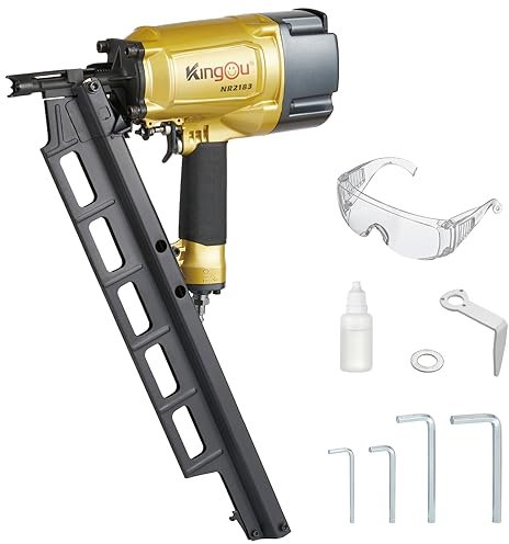 KingOu NR2183 21 Degree Steel Magazine, Pneumatic Framing nail gun, 2-Inch up to 3-1/4-Inch Plastic Collated Full Head Framing Nails, Framing, Wooden House Building, Fencing