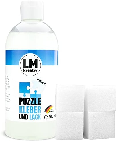 LM Puzzlekleber/Conserver & Lack 500 ml + 4 Schwämmchen - Transparent - zum Teile verkleben von großen & Kleinen Puzzles. Der Fixierer kann mit einem Schwamm oder Pinsel aufgetragen Werden